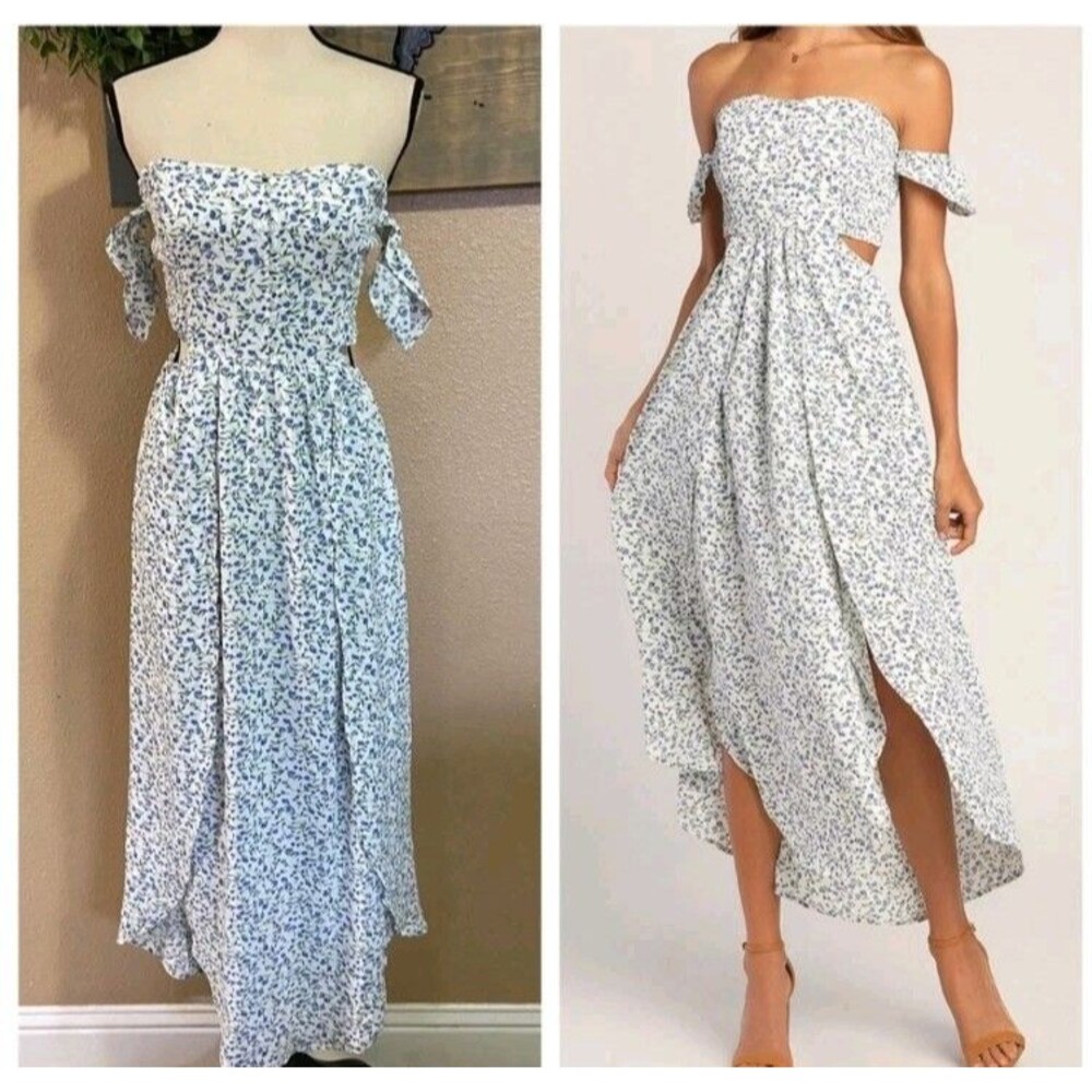 Off-Shoulder Blue Floral Maxi Dress